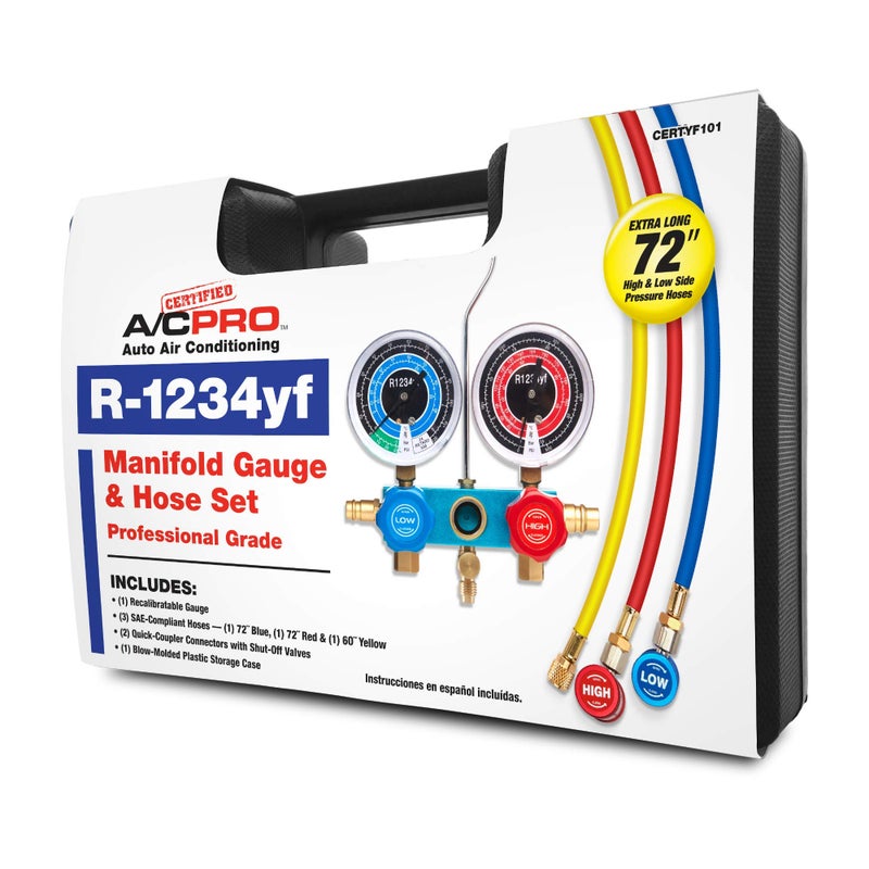 A/C Pro Certified A/C Pro Car Air Conditioner Refrigerant Gauge & Hose,Reusable AC Recharge Kit to Dispense R-12343YF to Compatible Vehicles,Includes Recalibrateable Low & High Pressure Gauges,InterDynamics - Image 1